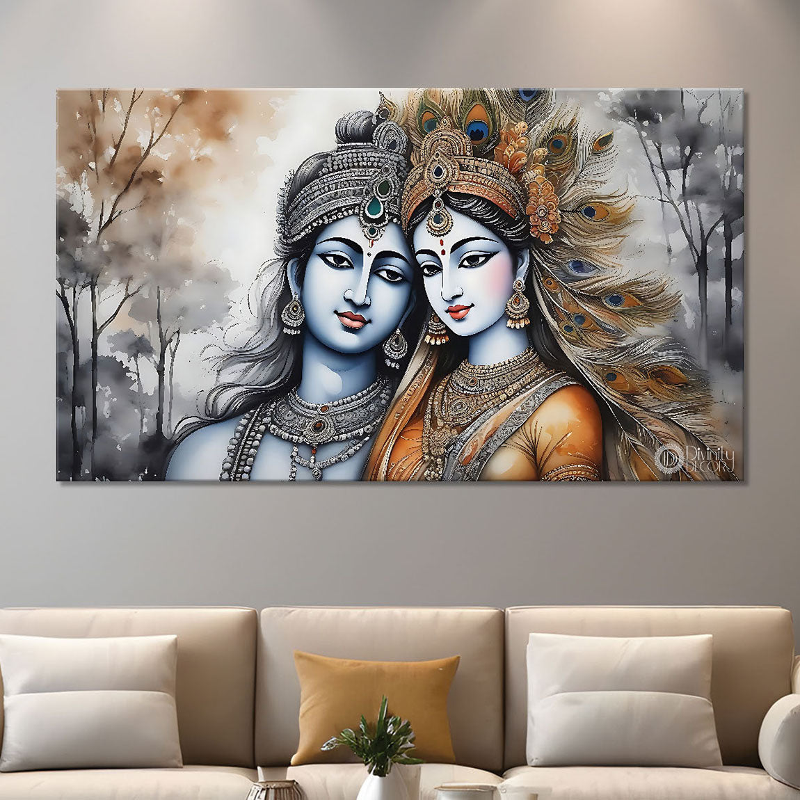 Krishna and Radha with off white background painting Canvas Painting - Design - Krishna-119