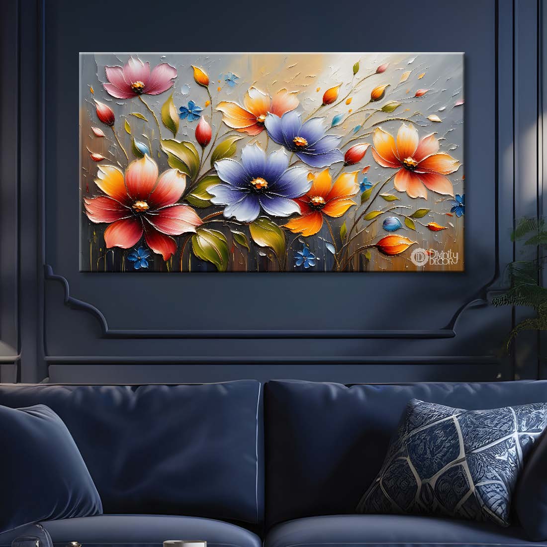 Colorful flowers with grey textured background painting- Design - Flower-119