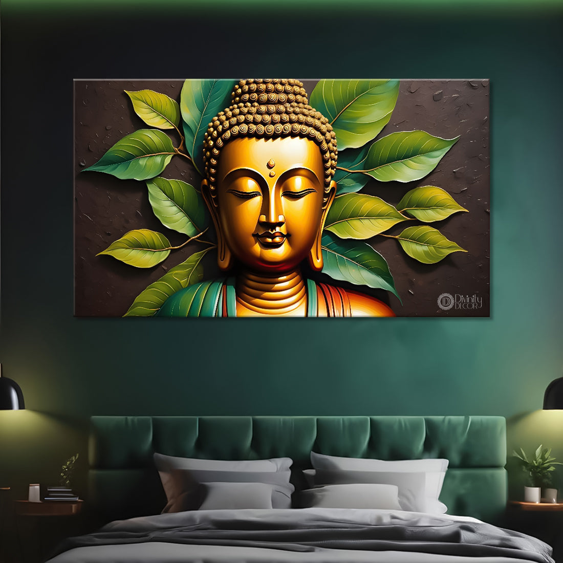 Golden with leaves background textured painting Canvas Wall Painting - Buddha-119