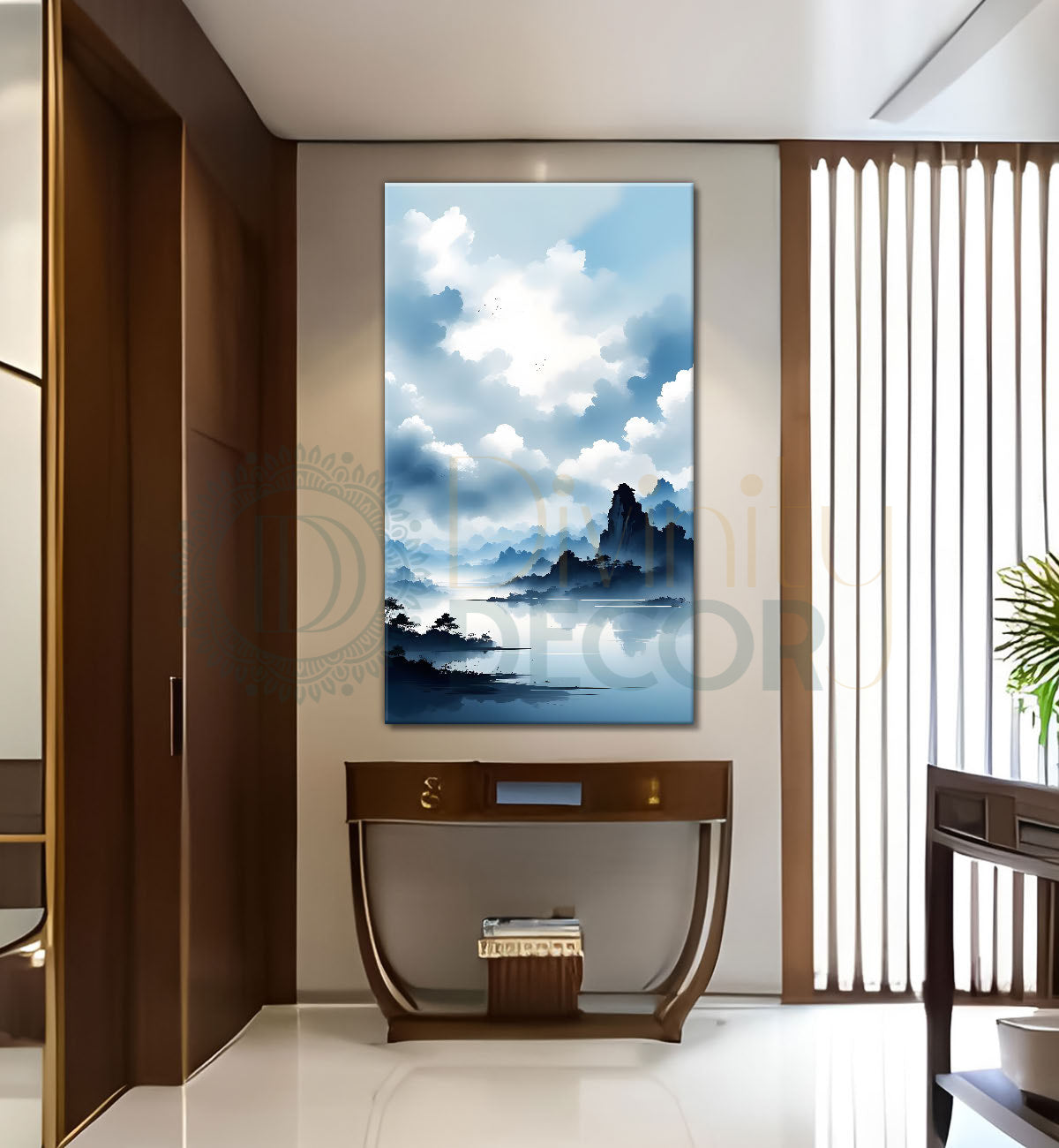 Mountains with river in cloudy sky in textured water colour painting Canvas Painting - Nature Art -V-119