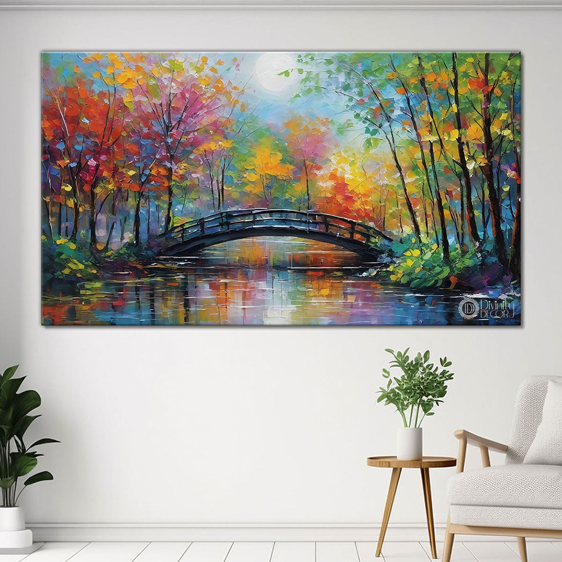 Colorful trees with bridge in textured painting Canvas Painting - Nature Art -119