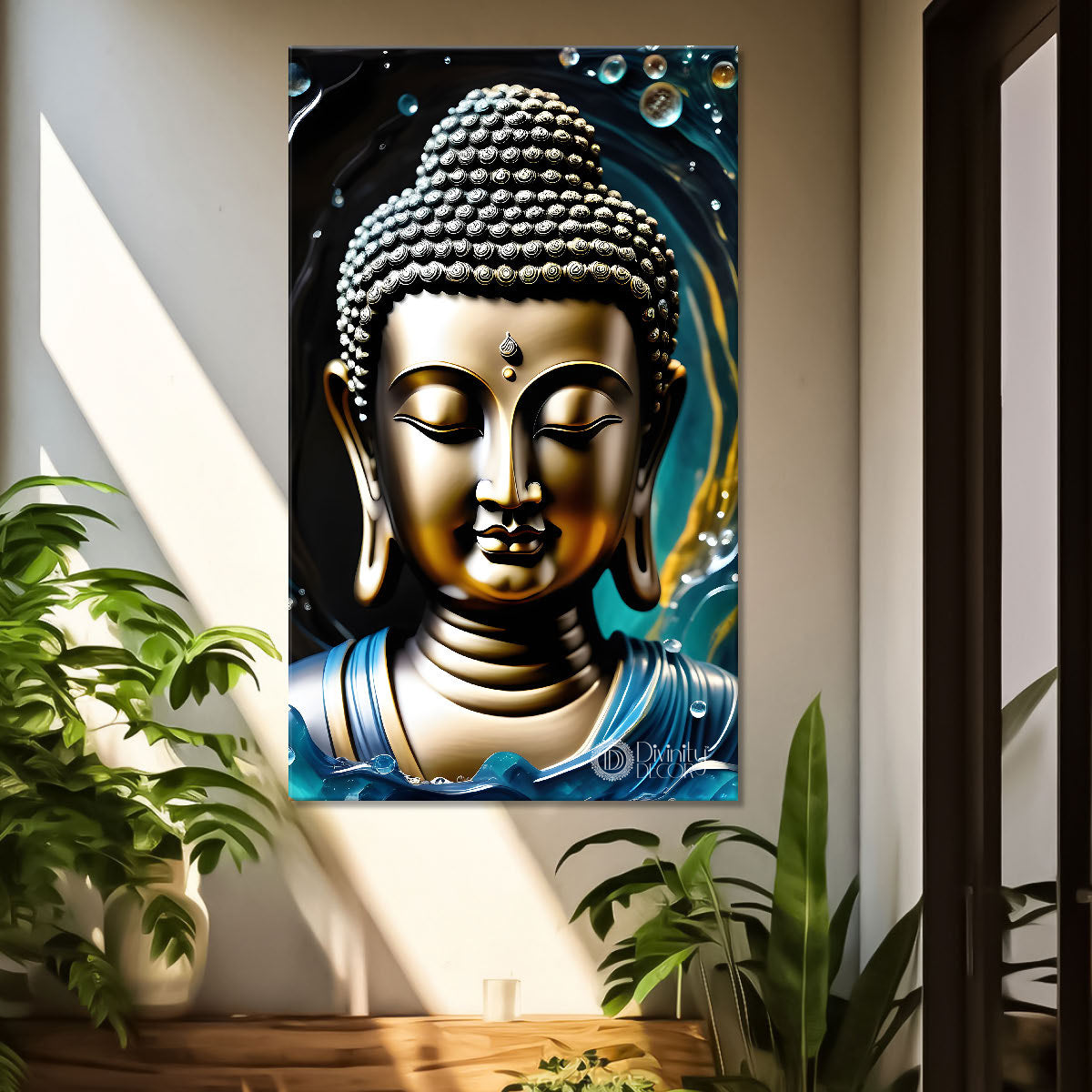 Golden buddha face with dark background - Buddha-V-119