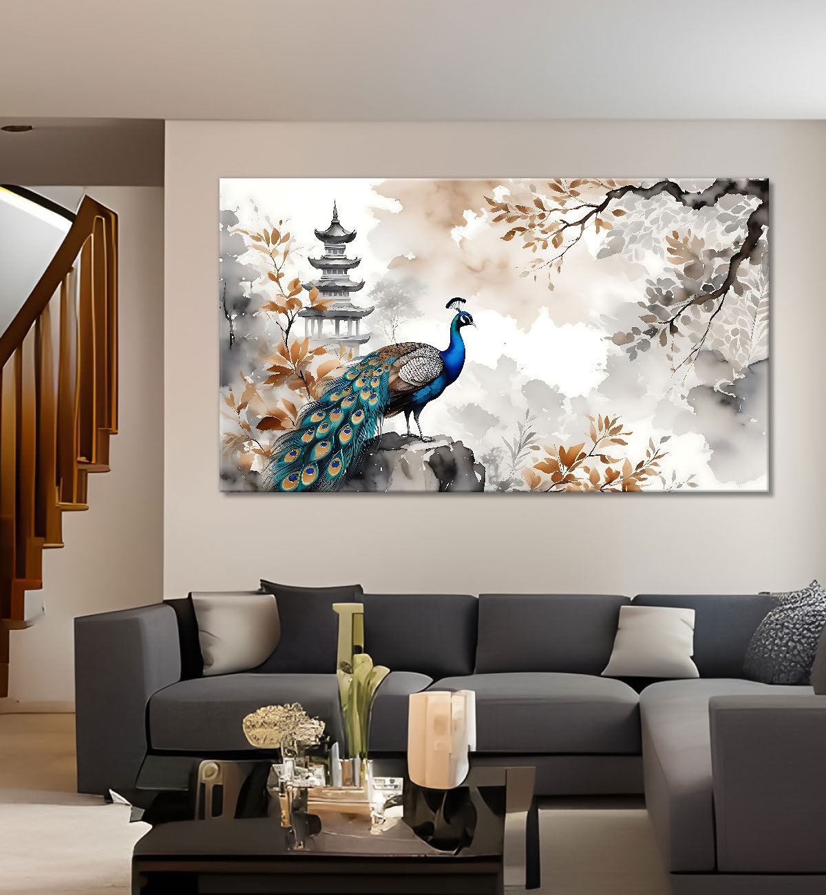 Peacock with grey textured background Canvas Painting - Design - Peacock-11