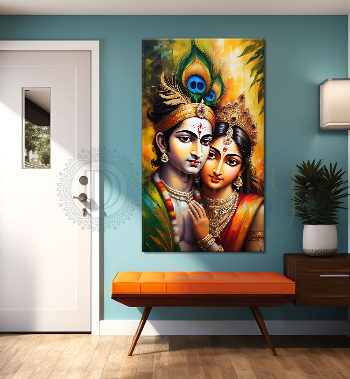 Krishna with radha in yellow background textured art Canvas Painting - Design - Krishna-V-11