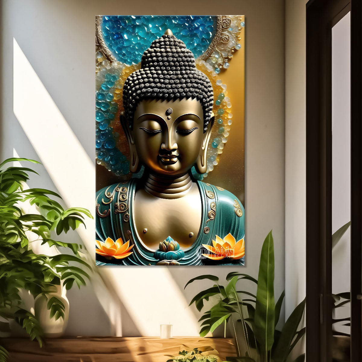 Golden buddha face with colourful background textured painting - Buddha-V-120