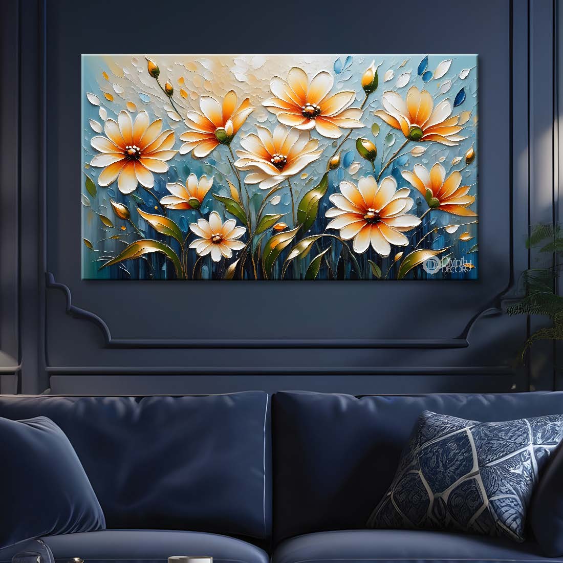 White flowers with blue textured background painting- Design - Flower-120