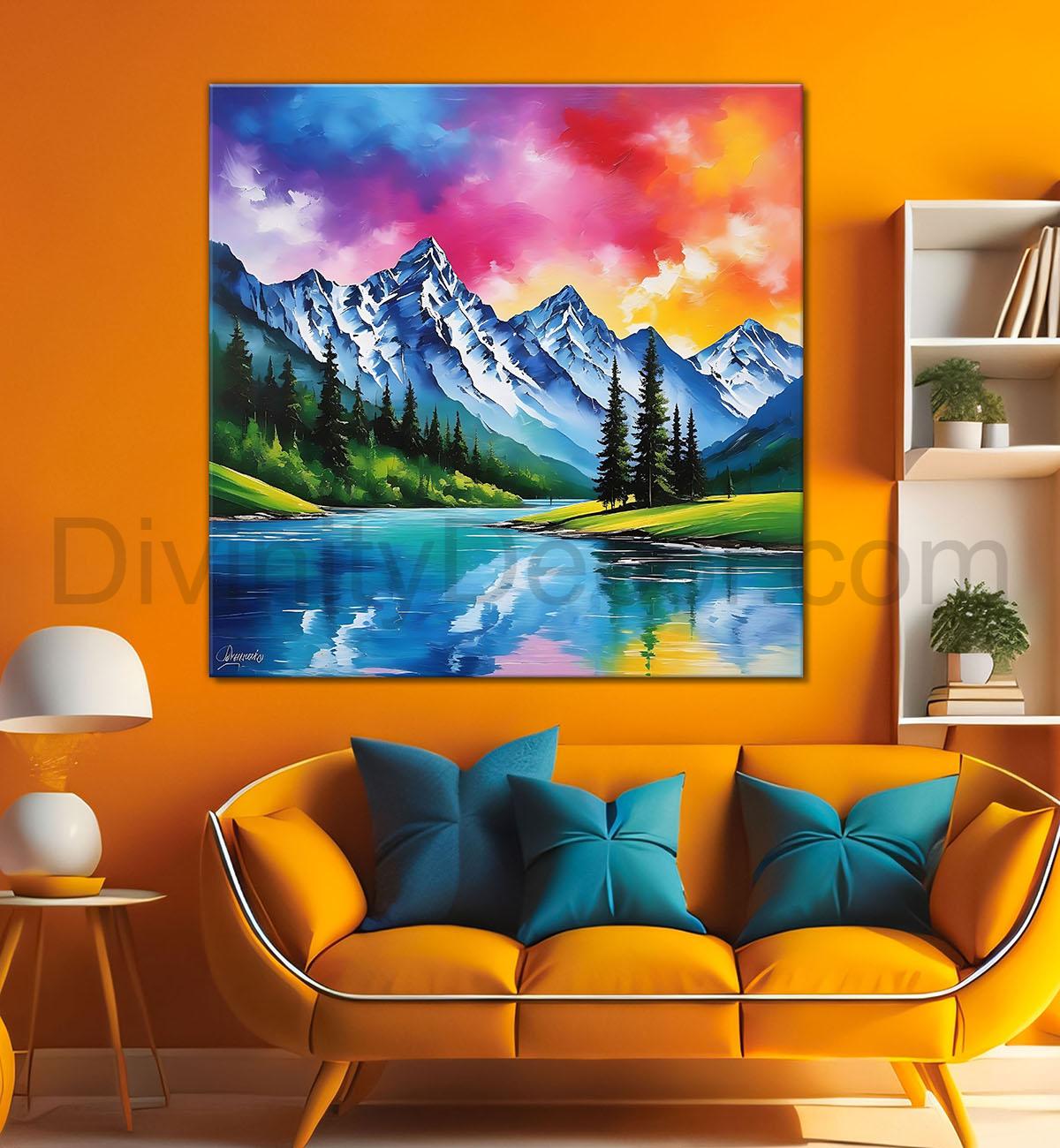 Mountains with river and sky painting 24X24 - Nature Art -S-120