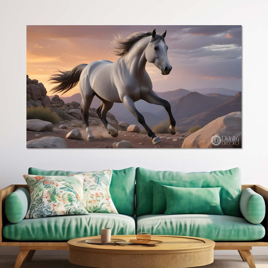 White running horse on the mountains with grey textured background art Canvas Painting - Design - Horse-120