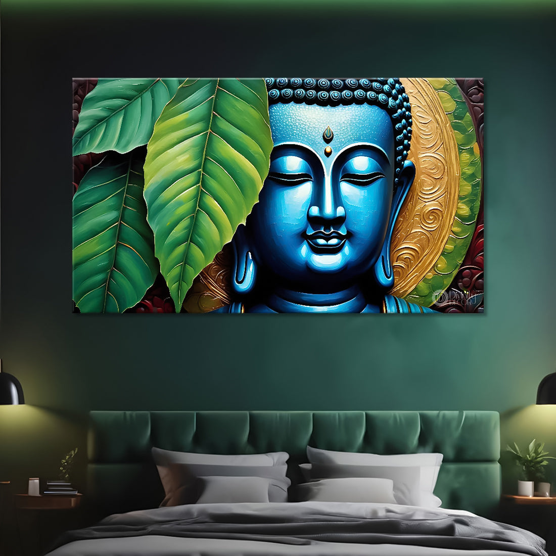 Buddha with leaves background textured painting Canvas Wall Painting - Buddha-120