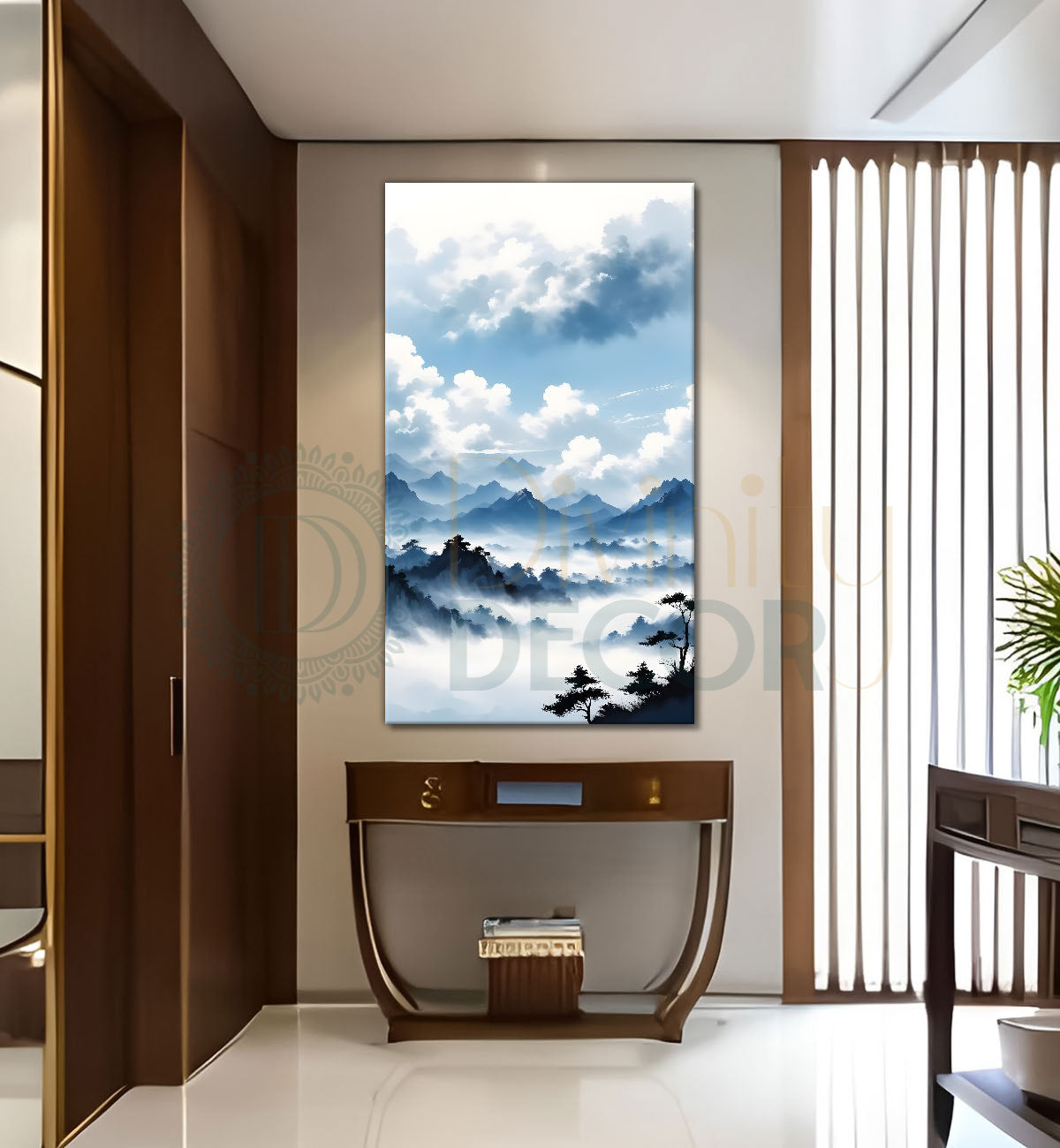 Mountains with river in cloudy sky in textured water colour painting Canvas Painting - Nature Art -V-120