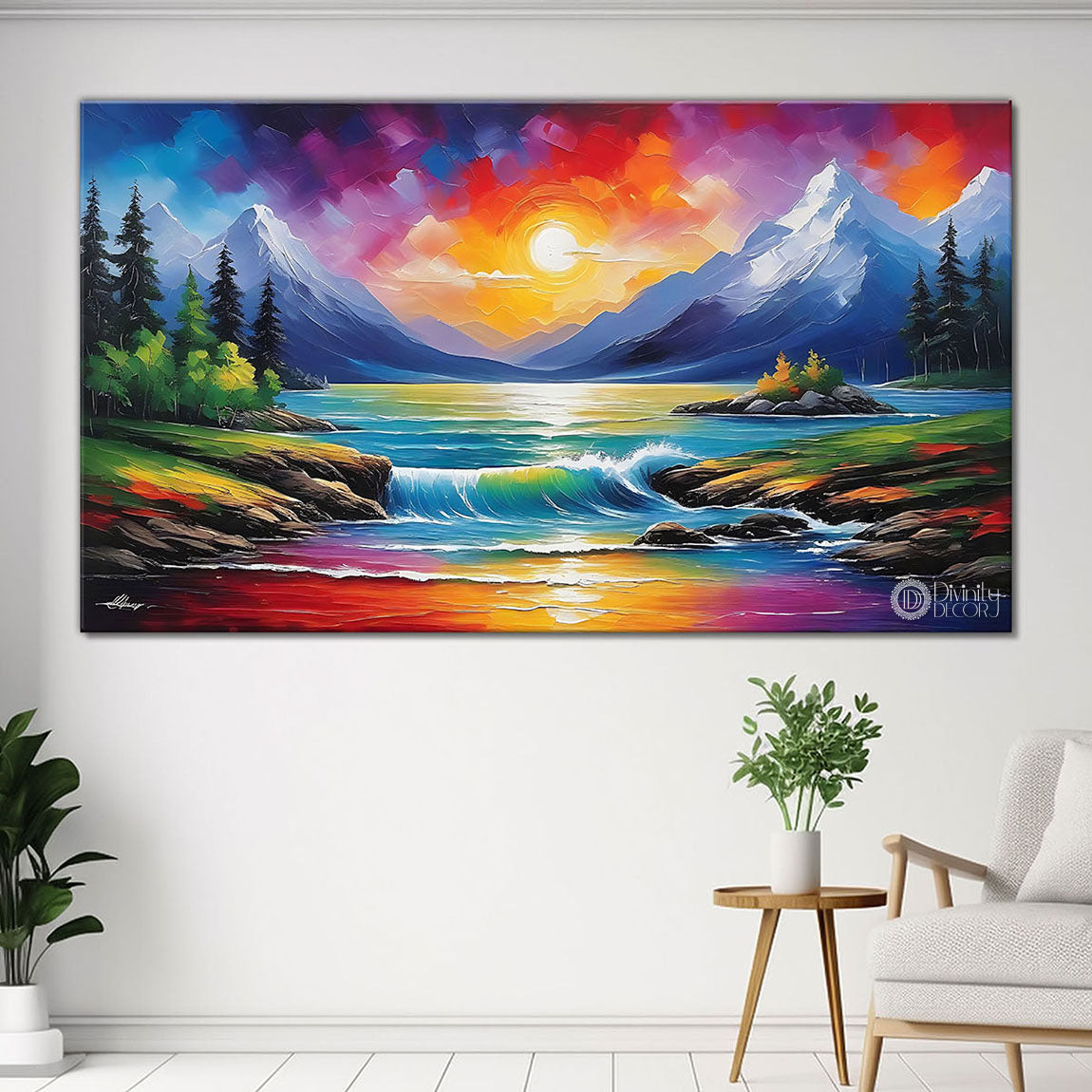 Mountains with river in colorful textured natural art Canvas Painting - Nature Art -120