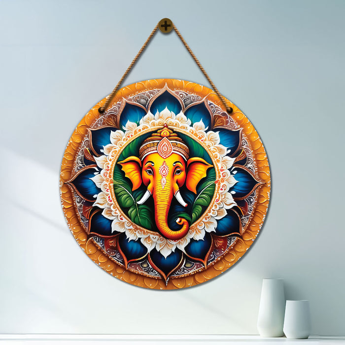 Ganesh Ji in blue and golden mandala Round Wooden Wall Hanging for wall Décor - Design - 120