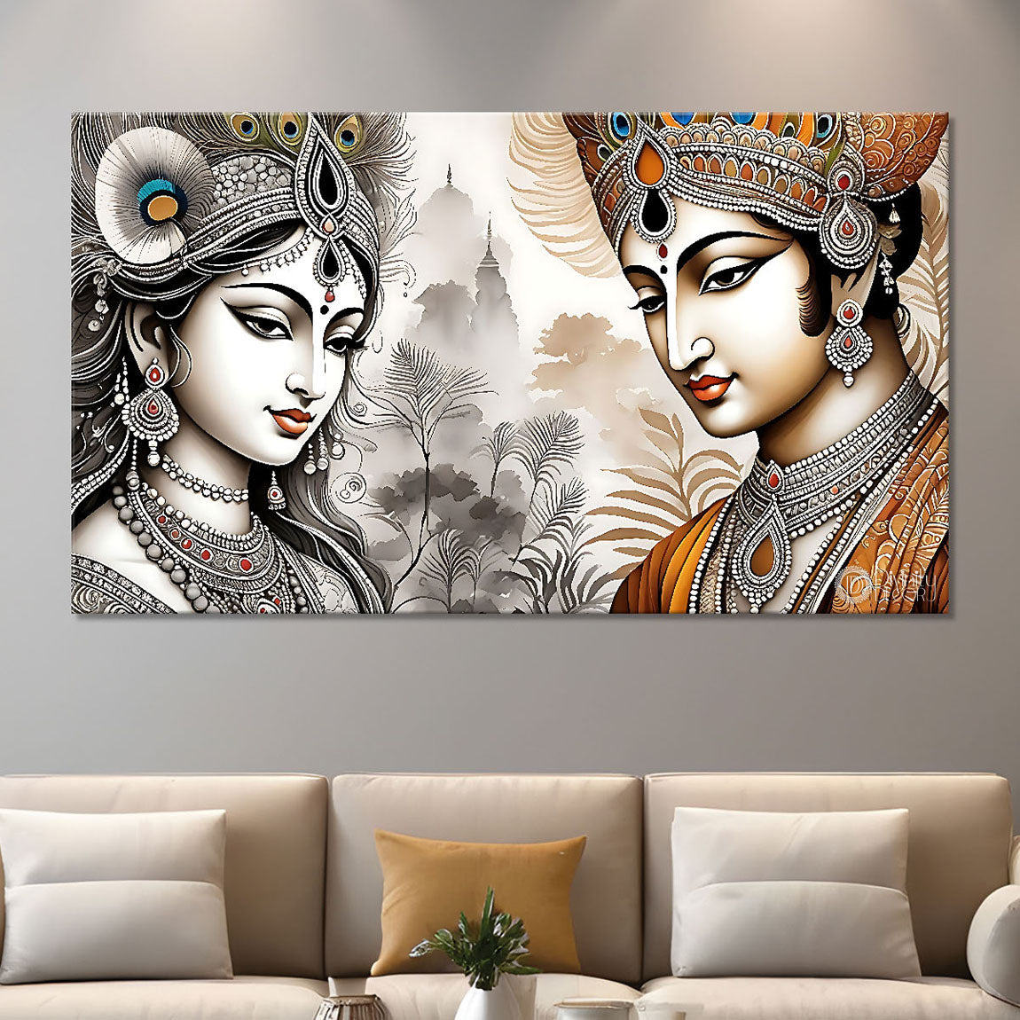 Krishna and Radha with off white background painting Canvas Painting - Design - Krishna-120