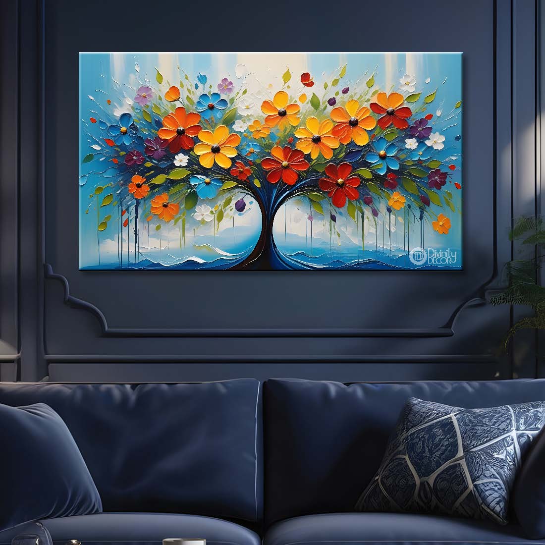 Colorful flowers tree with blue textured background painting- Design - Flower-121
