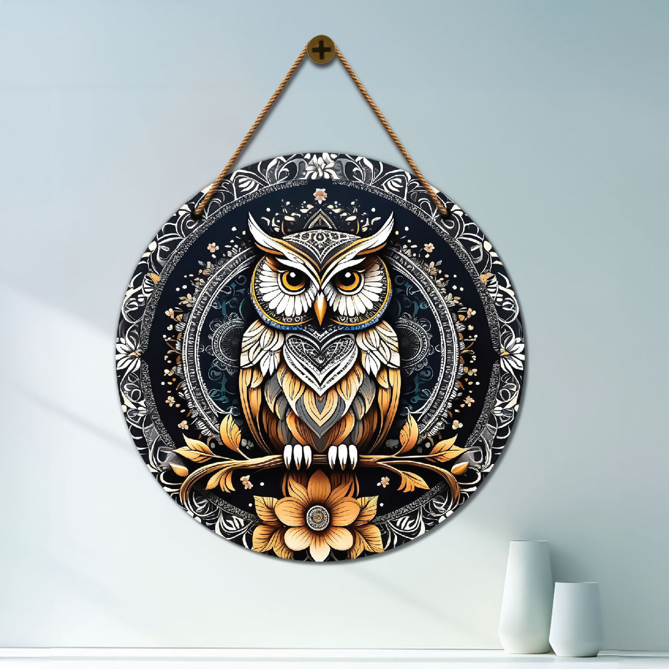 Owl in grey and yellow mandala Round Wooden Wall Hanging for wall Décor - Design - 121