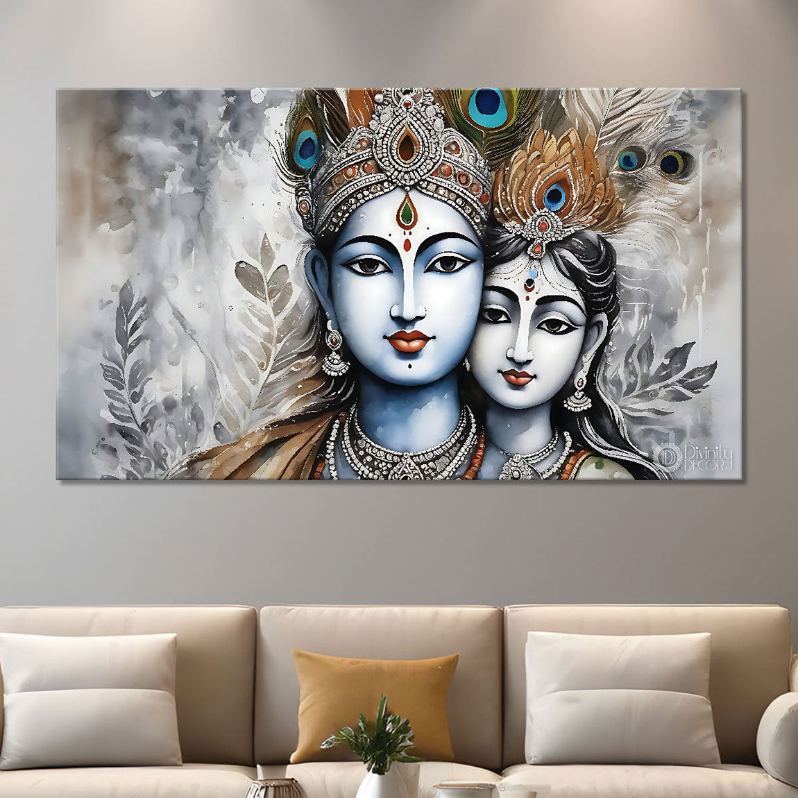 Krishna and Radha with off white background painting Canvas Painting - Design - Krishna-121
