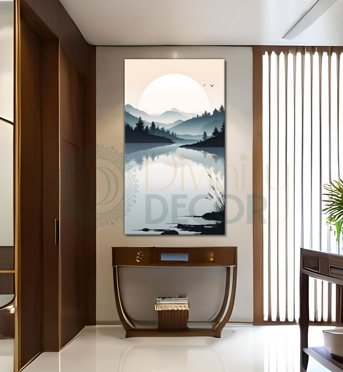 Mountains with river and sunset textured water colour painting Canvas Painting - Nature Art -V-121