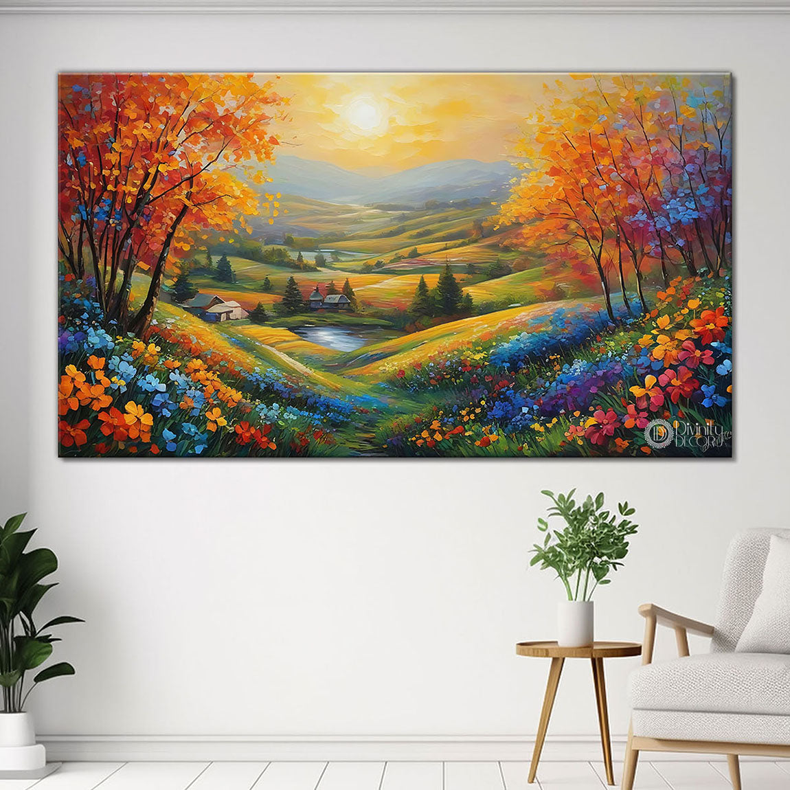 colorful trees with land slides and houses in textured water color art Canvas Painting - Nature Art -121