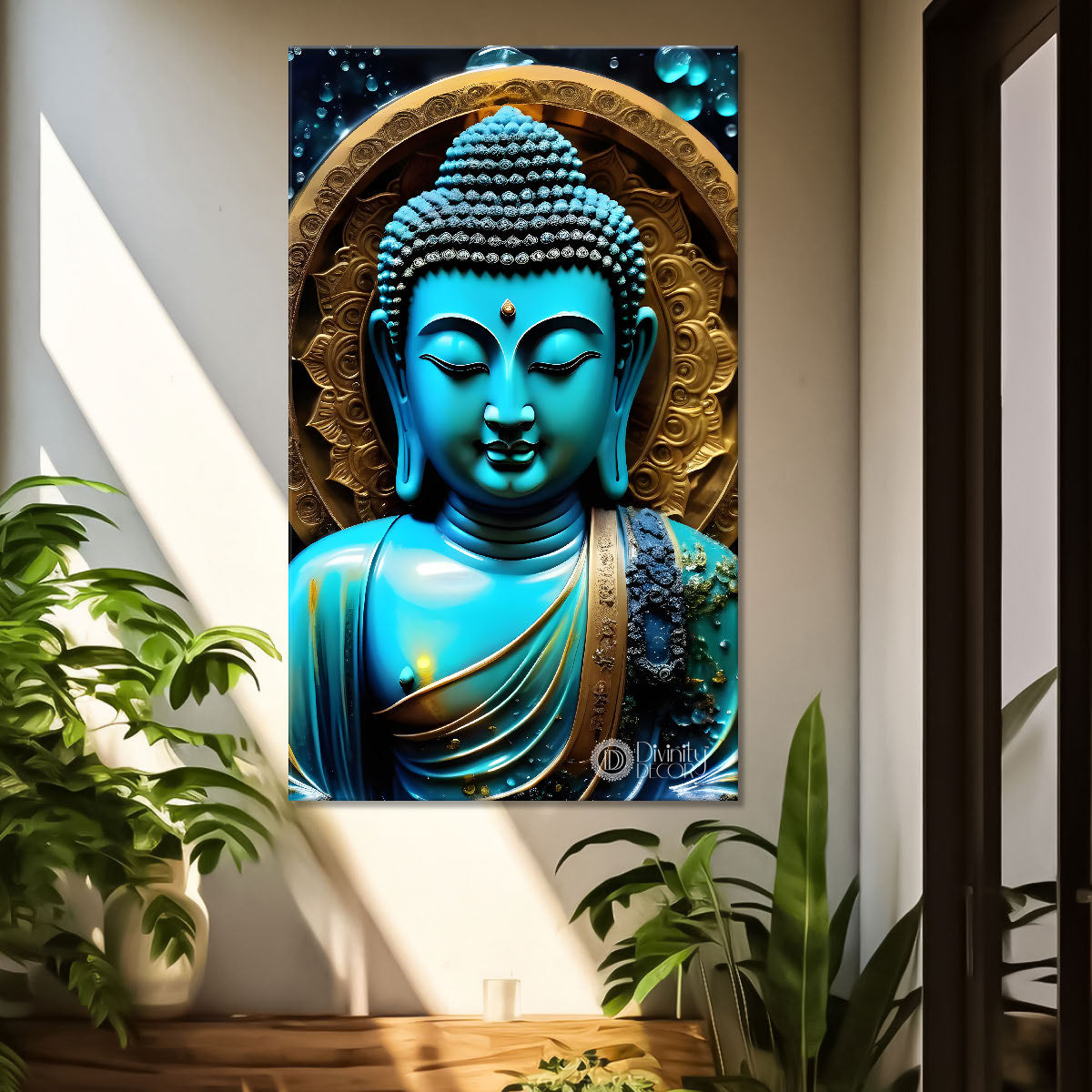 Blue textured buddha with golden chakra  - Buddha-V-121