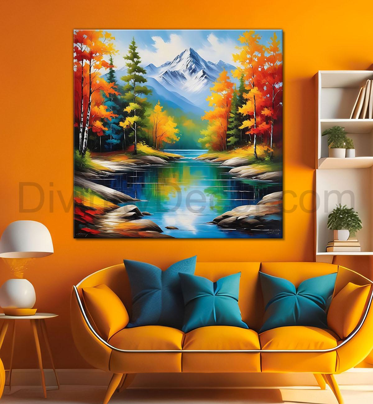 Colourful trees with lake painting 24X24 - Nature Art -S-121