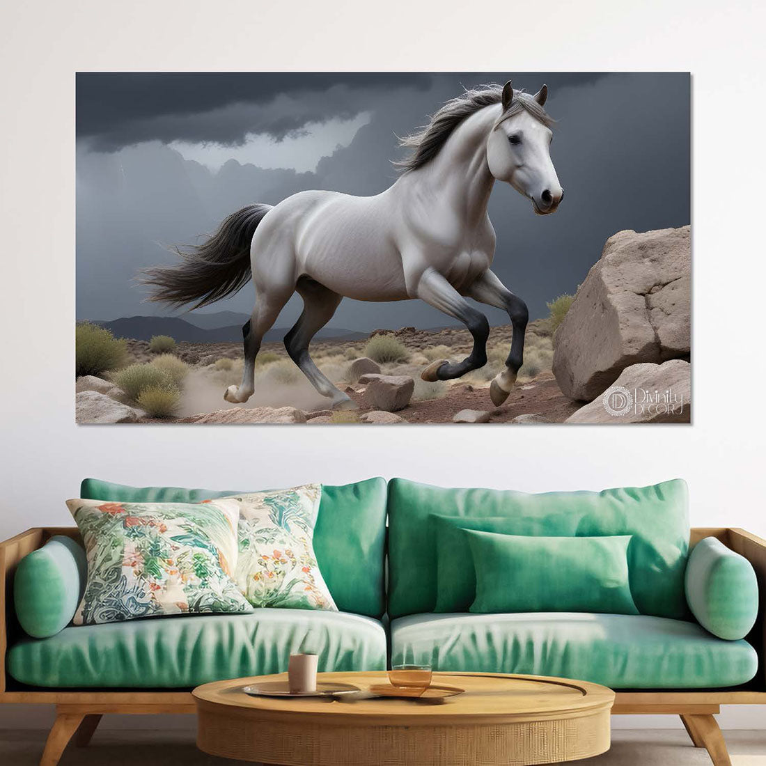 White running horse on the mountains with grey textured background art Canvas Painting - Design - Horse-121