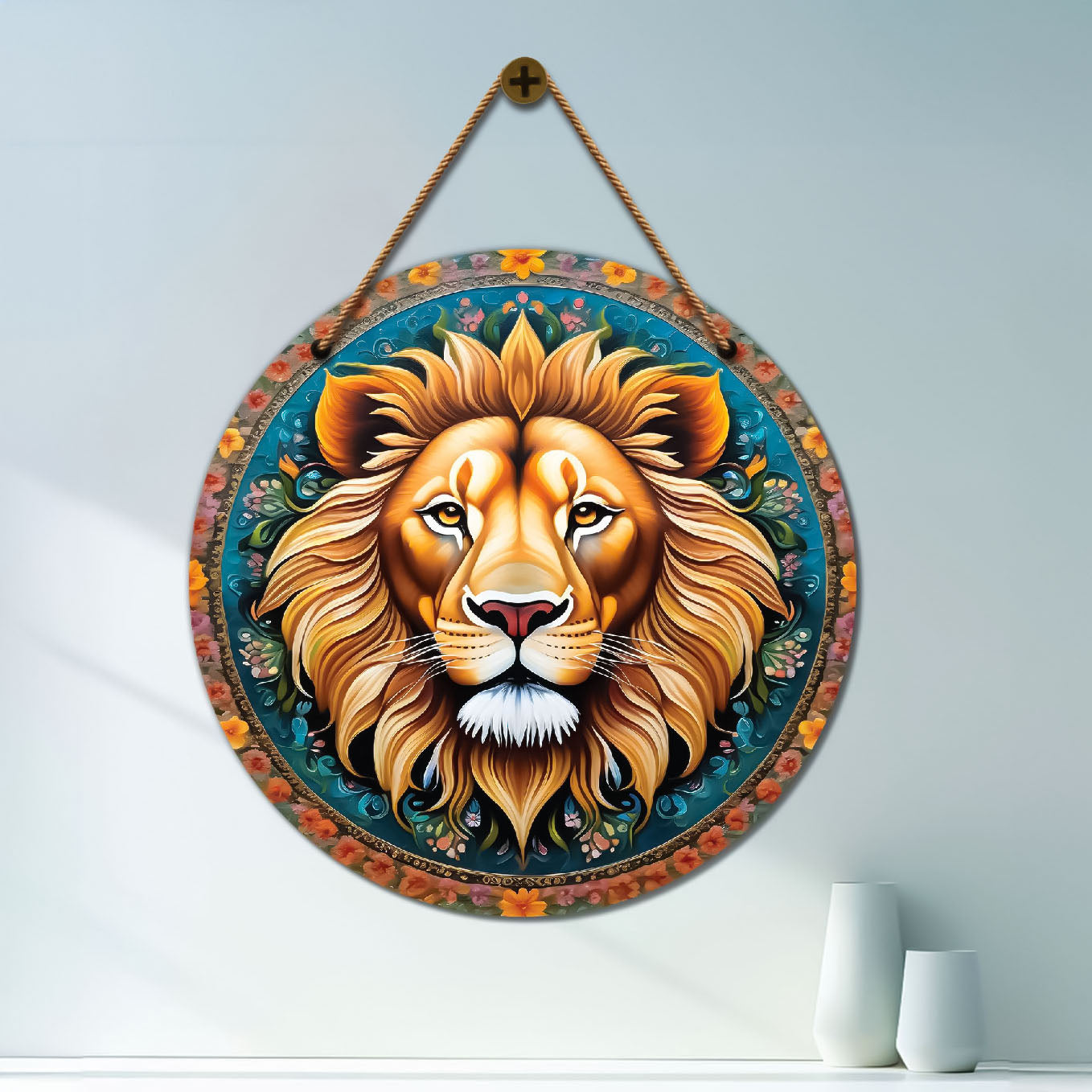 Lion in blue and yellow mandala Round Wooden Wall Hanging for wall Décor - Design - 122