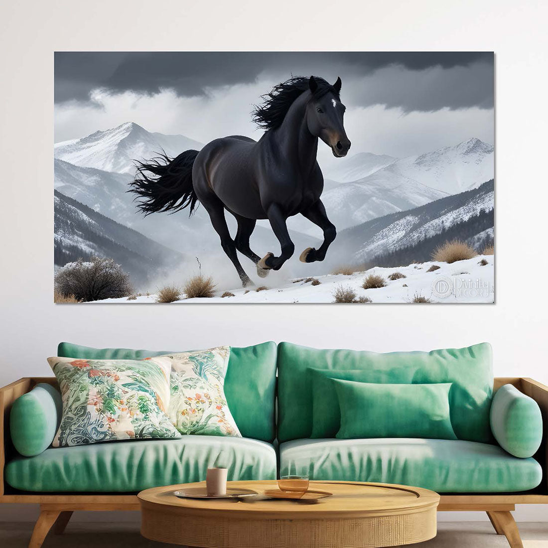 Black running horse on the white mountains with white textured background art Canvas Painting - Design - Horse-122