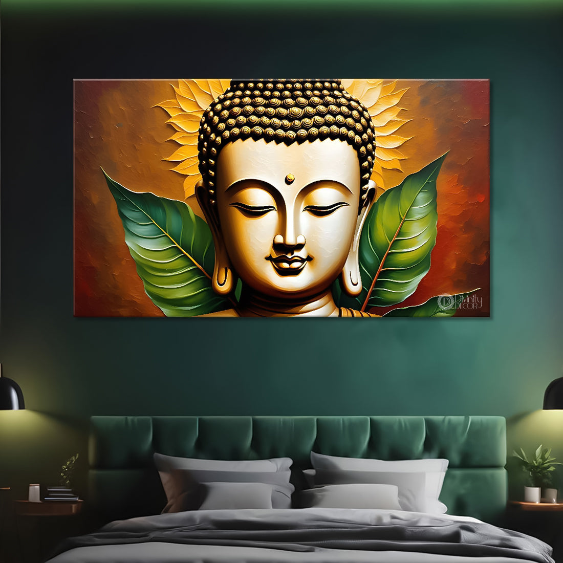 Buddha with leaves background textured painting Canvas Wall Painting - Buddha-122