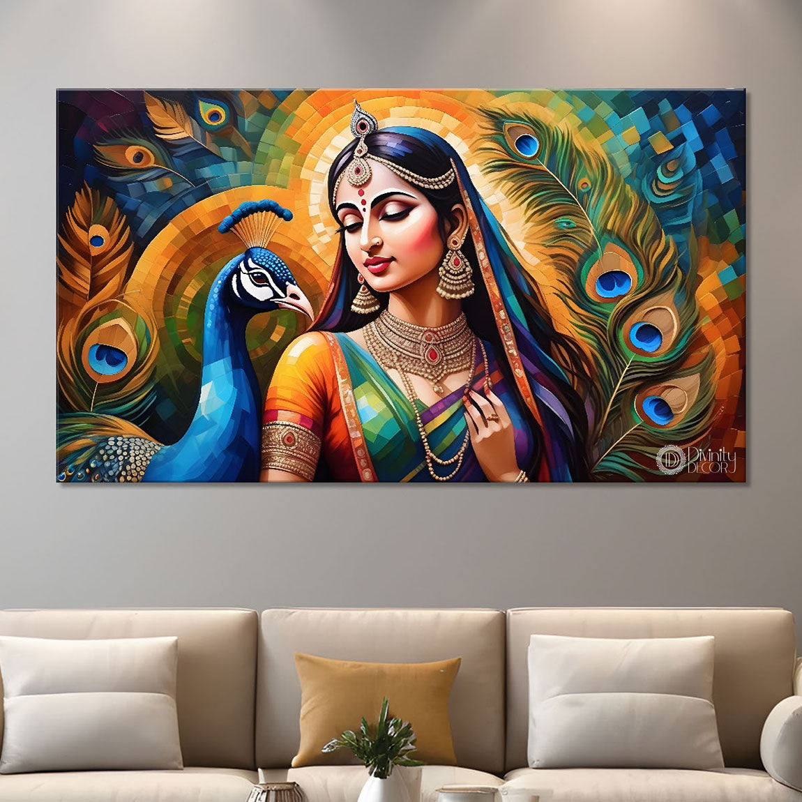 Radha rani with peacock painting Canvas Painting - Design - Krishna-122