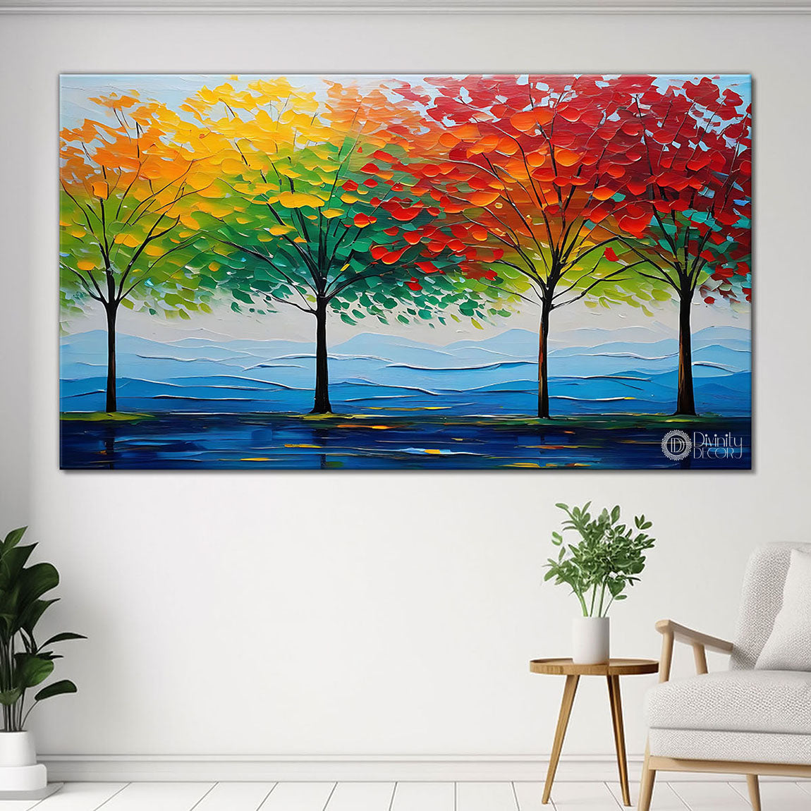 colorful trees with blue background in textured art Canvas Painting - Nature Art -123