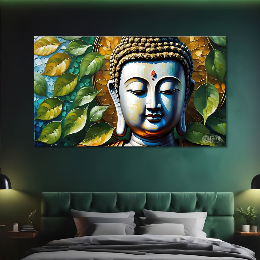 Buddha with leaves background textured painting Canvas Wall Painting - Buddha-123