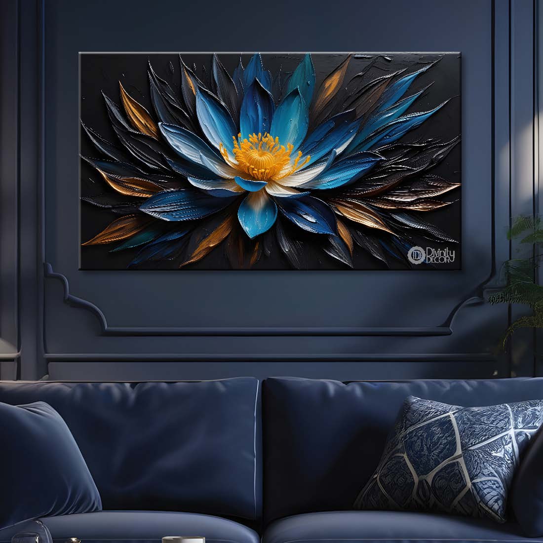 Blue flower with dark textured background painting- Design - Flower-123