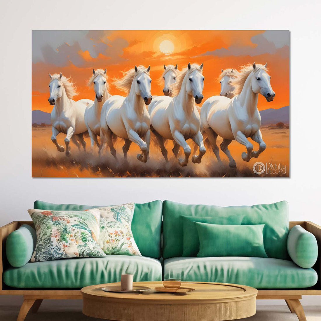 White running horses on the grass with sunrise textured background art Canvas Painting - Design - Horse-123