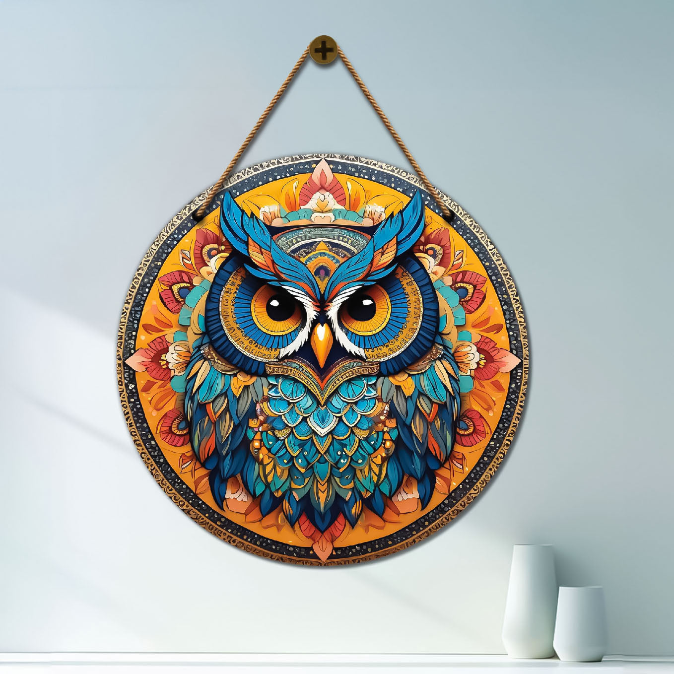 Owl in blue and orange mandala Round Wooden Wall Hanging for wall Décor - Design - 123