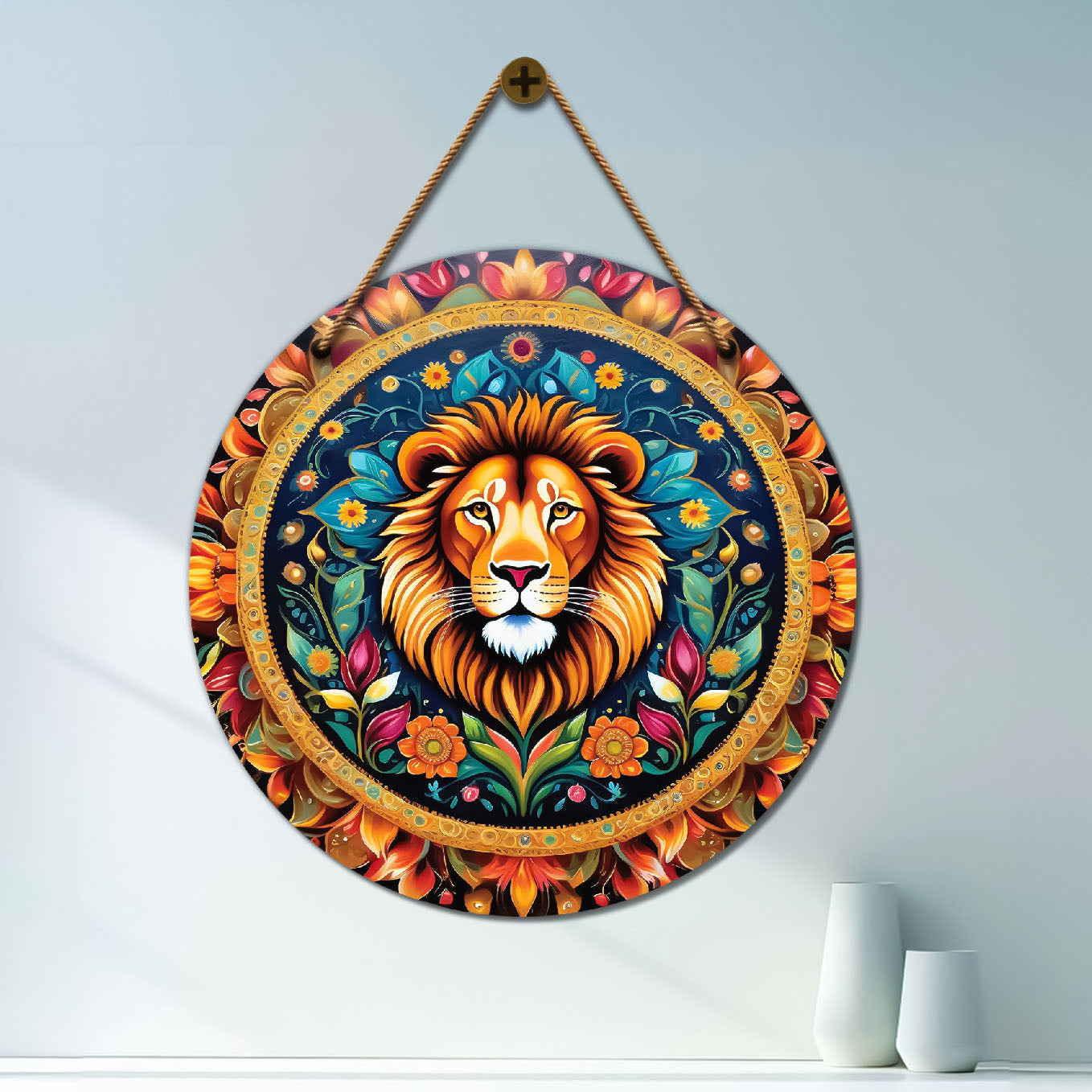 Lion in blue and orange mandala Round Wooden Wall Hanging for wall Décor - Design - 124