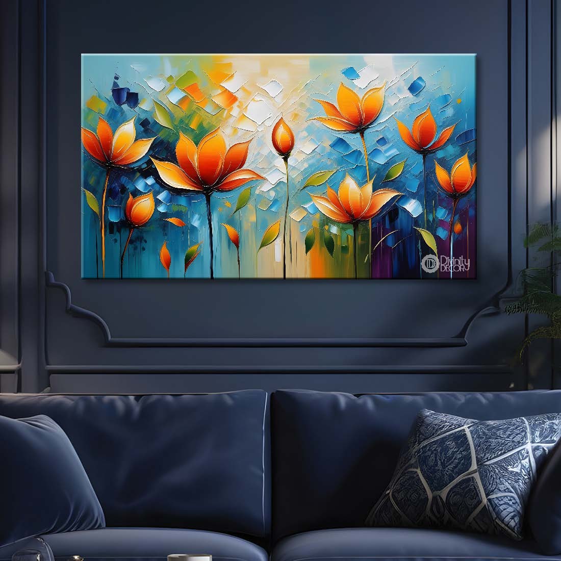 Orange flowers with blue textured background painting- Design - Flower-124