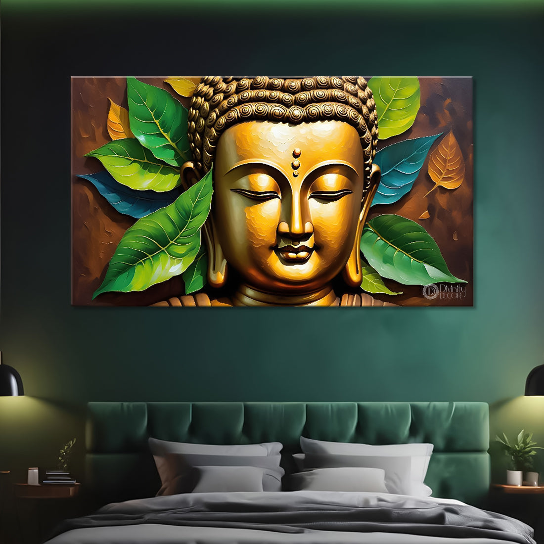 Golden with leaves background textured painting Canvas Wall Painting - Buddha-124