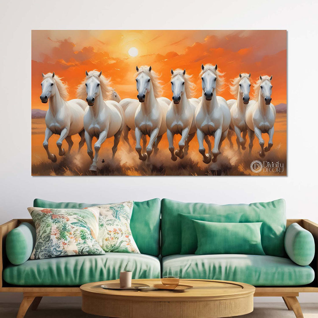 White running horses on the grass with sunrise textured background art Canvas Painting - Design - Horse-124