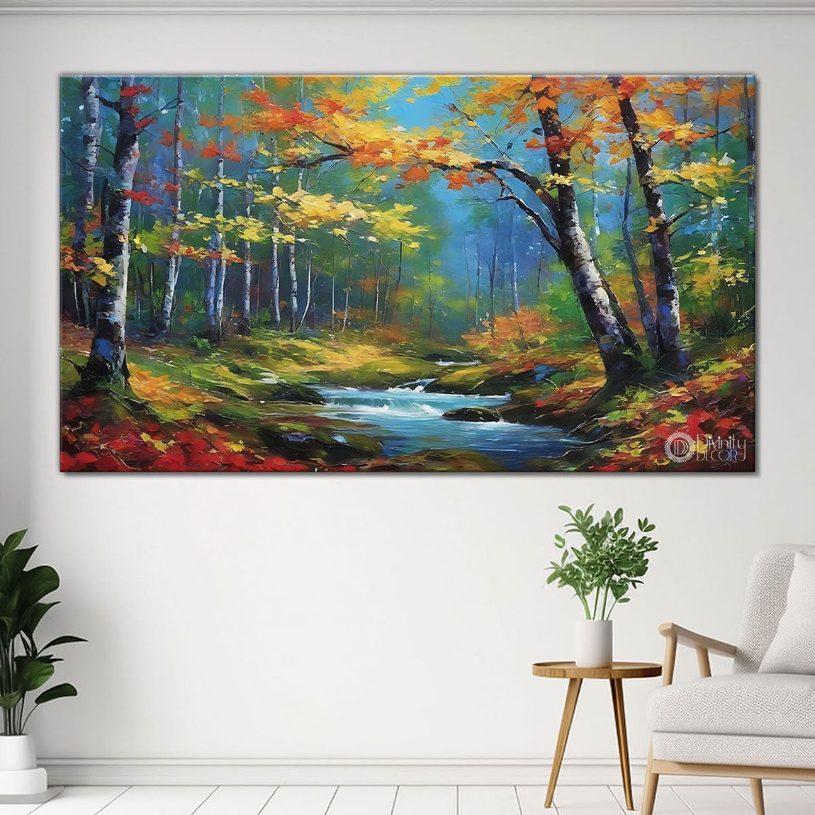 Trees and lake in textured painting Canvas Painting - Nature Art -124