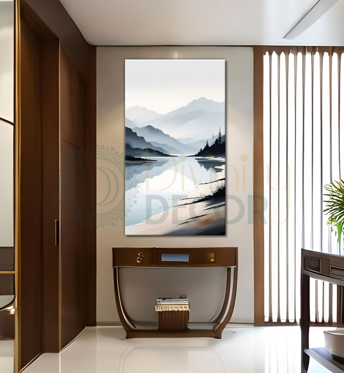 Mountains with river and trees in grey textured water colour painting Canvas Painting - Nature Art -V-124