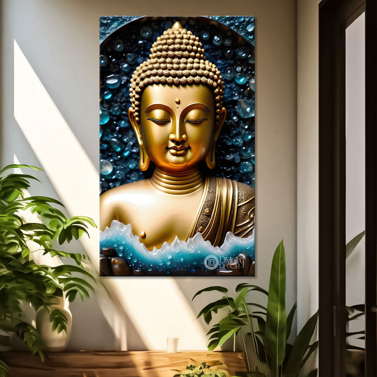 Golden buddha with dark background textured painting - Buddha-V-125