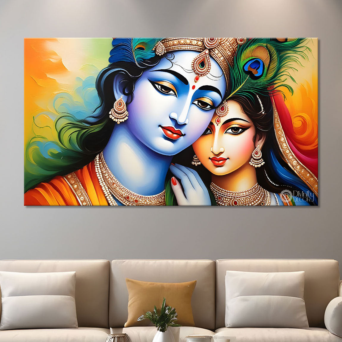 Blue face of Krishna and Radha with yellow background painting Canvas Painting - Design - Krishna-125