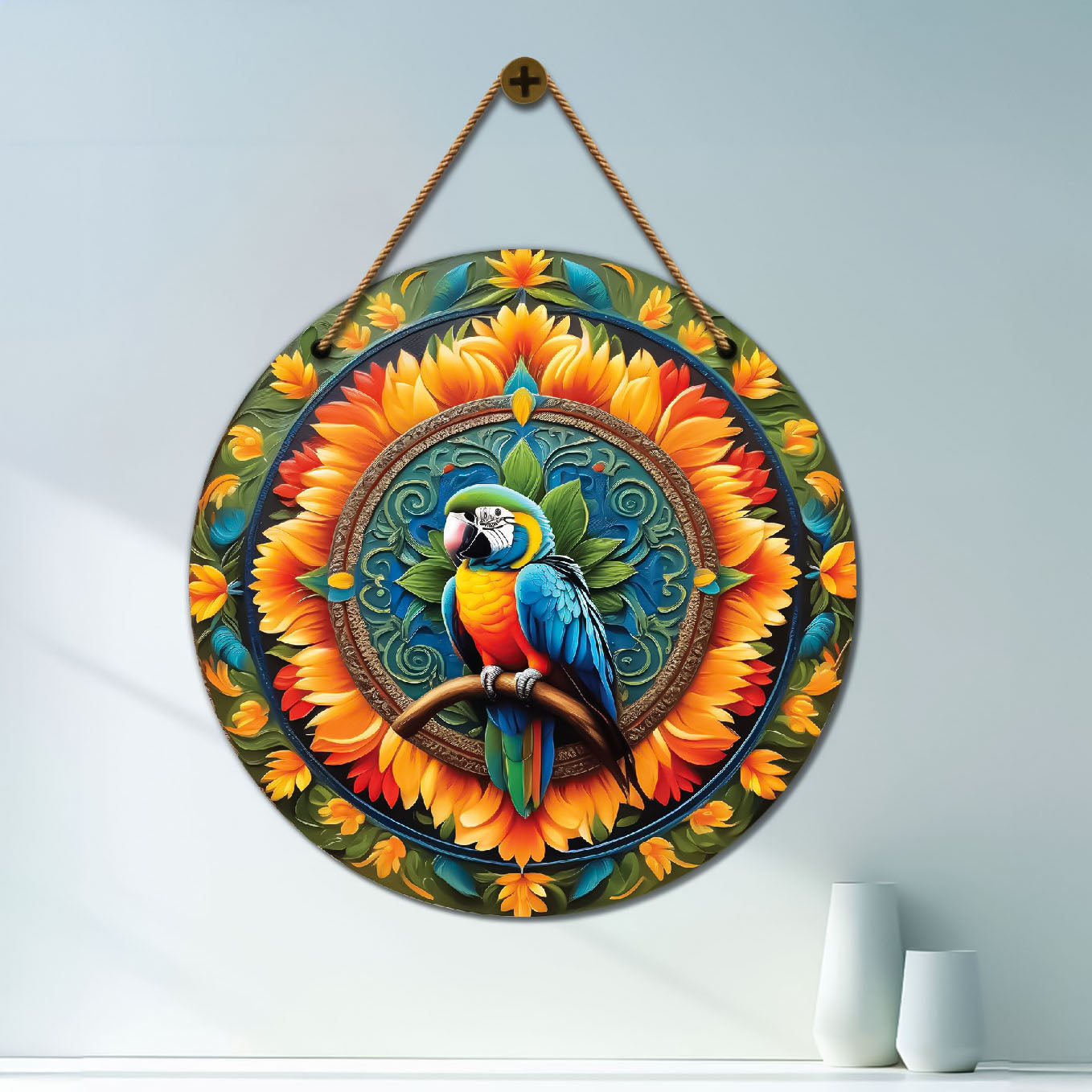 Parrot in green and yellow mandala Round Wooden Wall Hanging for wall Décor - Design - 125
