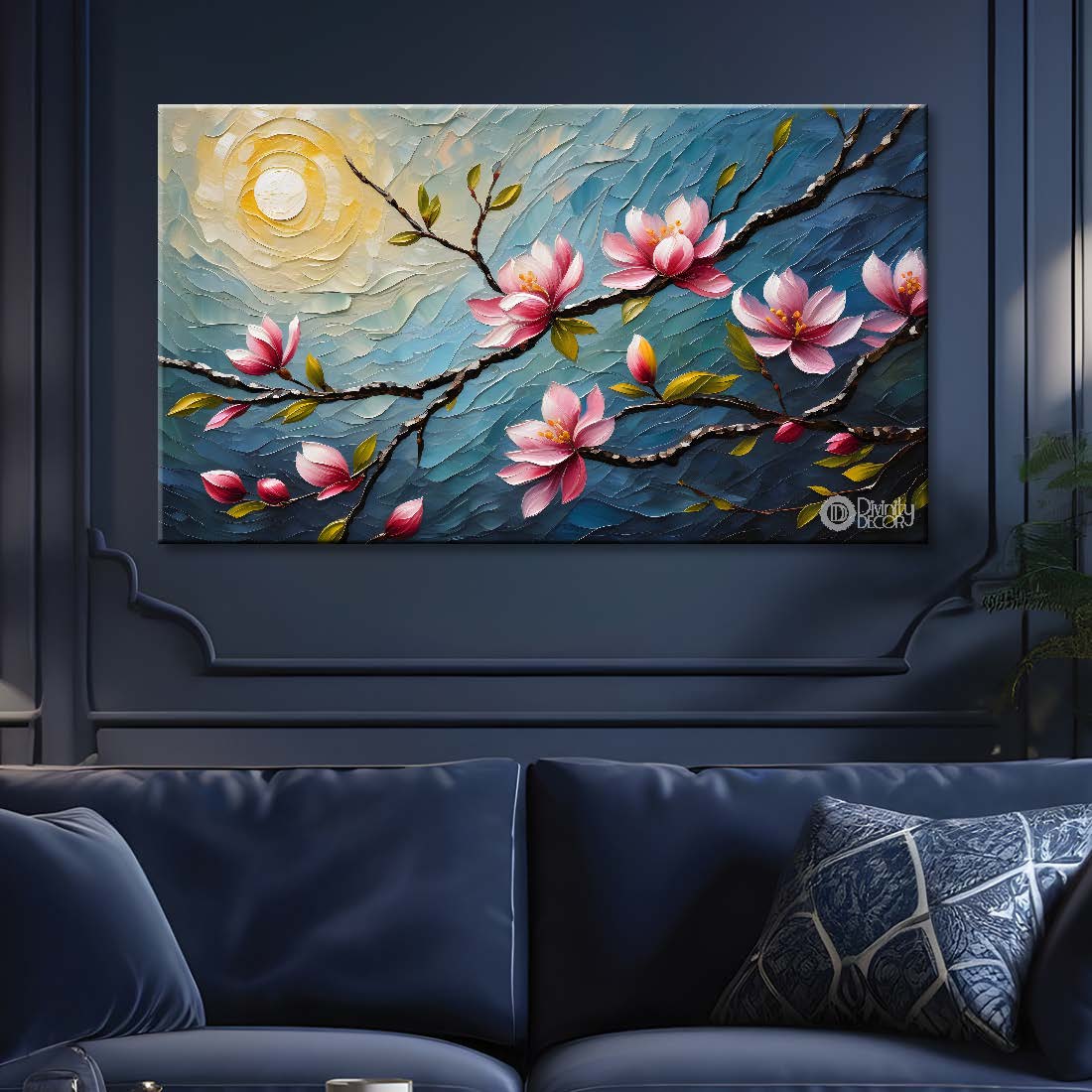 Pink flowers with blue textured background painting- Design - Flower-125