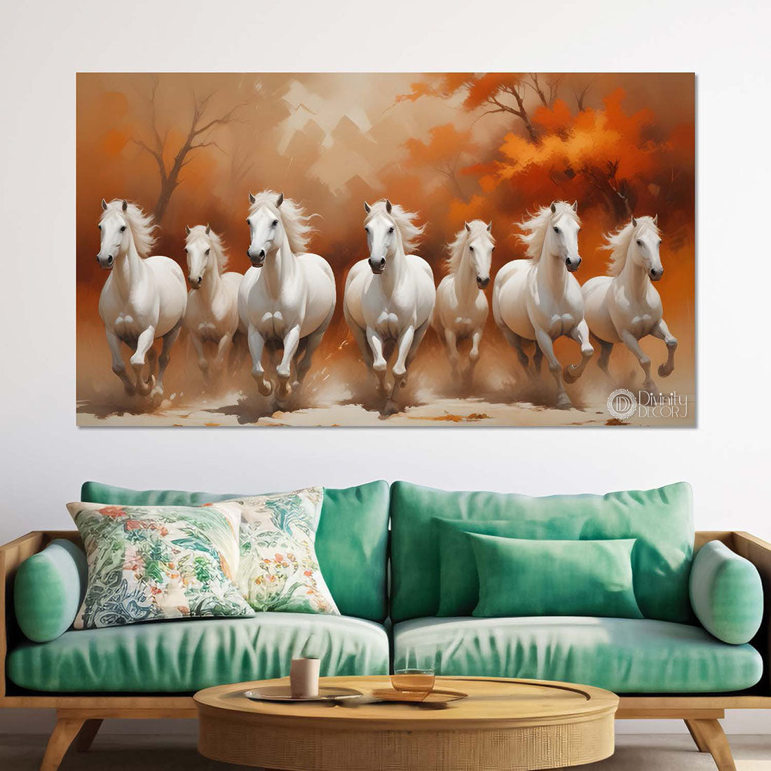White running horses with orange trees textured background art Canvas Painting - Design - Horse-125