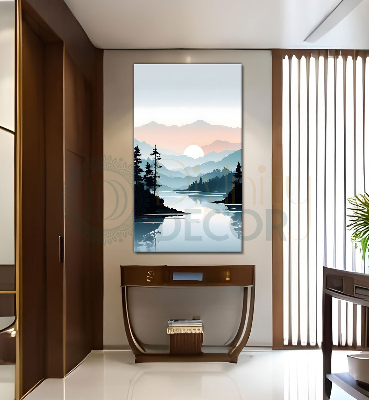 Mountains with river and sunset textured water colour painting Canvas Painting - Nature Art -V-125