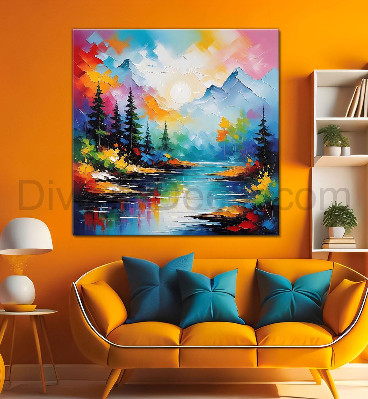 Mountains with trees and river water colour painting 24X24  - Nature Art -S-126