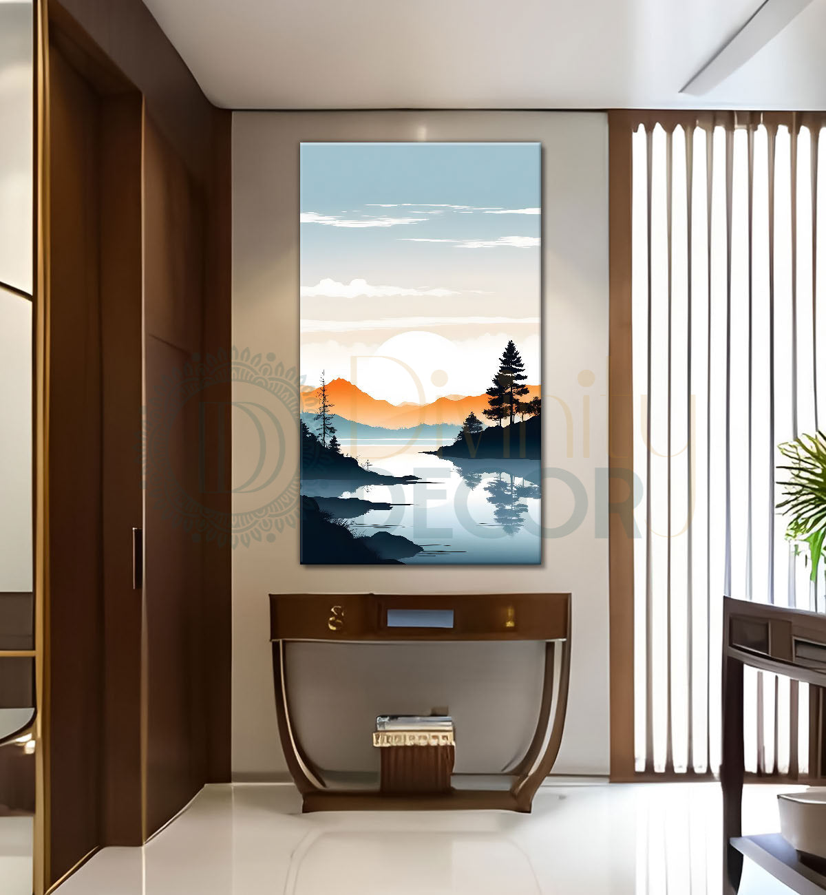 Mountains with river and sunset textured water colour painting Canvas Painting - Nature Art -V-126