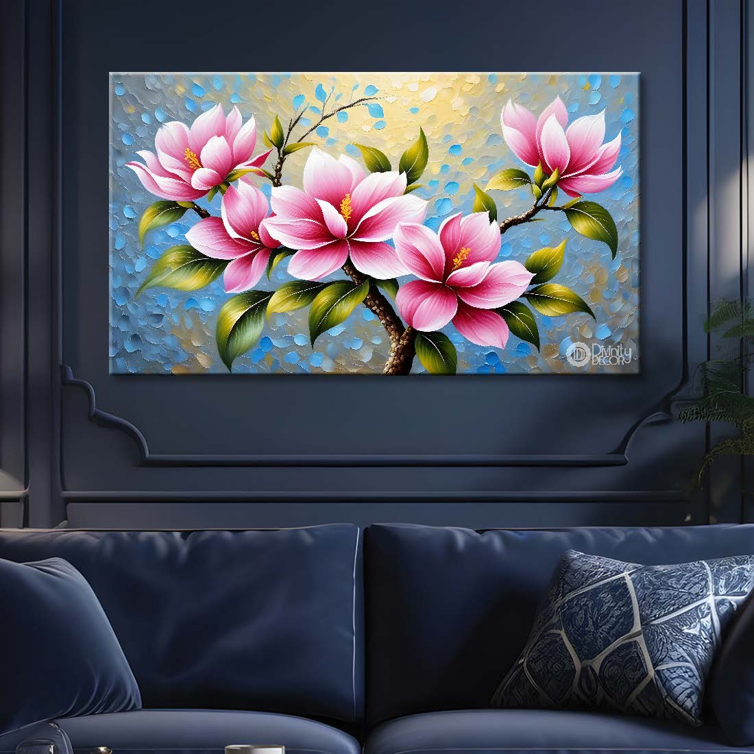 Pink flowers with blue textured background painting- Design - Flower-126