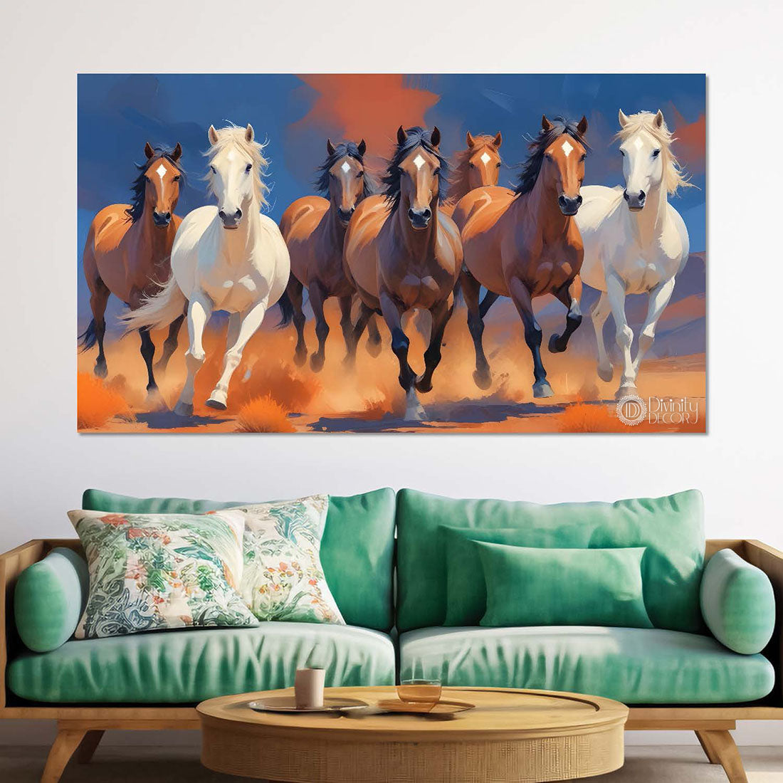 White and brown horses with orange and blue textured background art Canvas Painting - Design - Horse-126